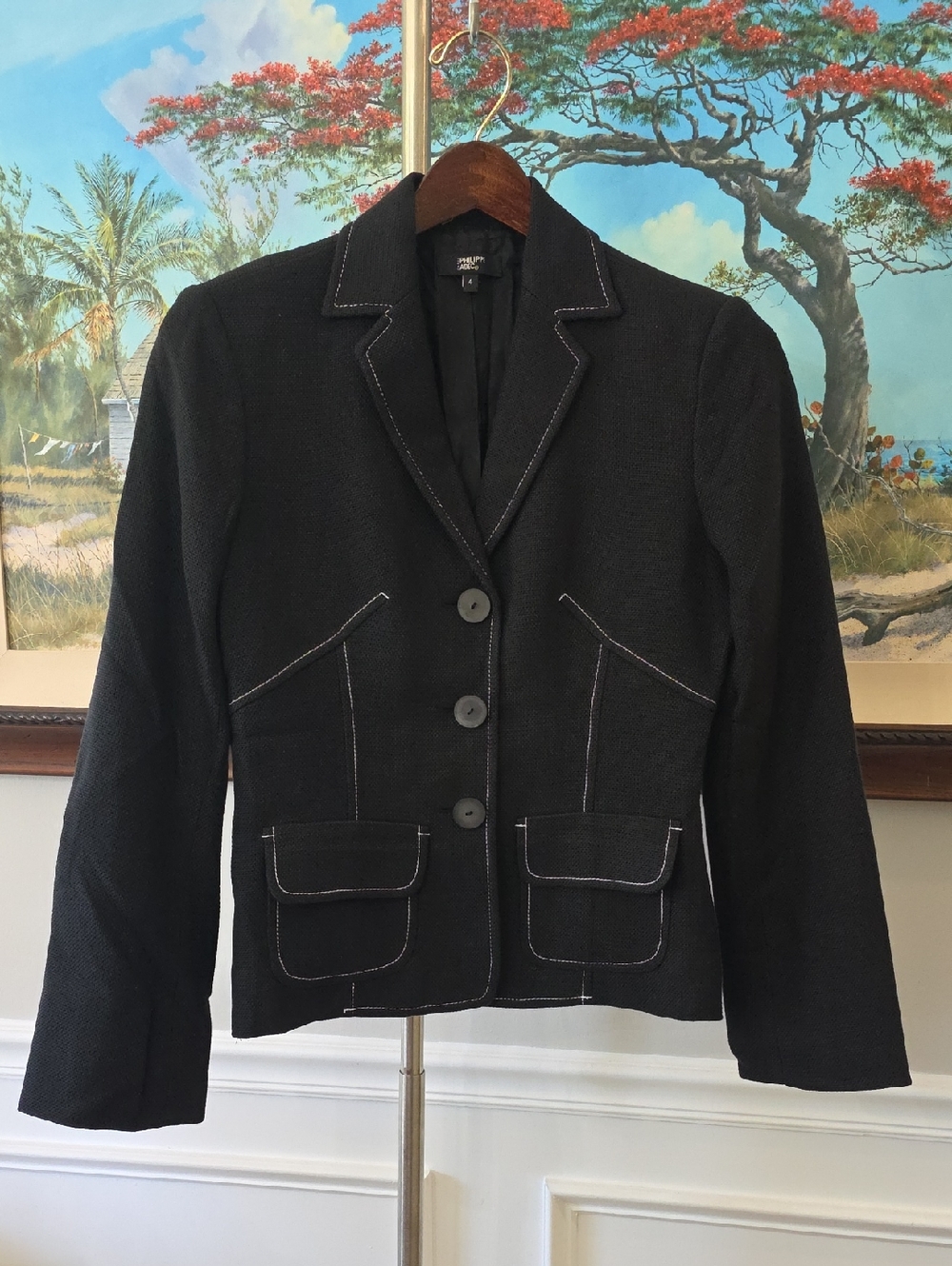 Philippe Adec Black Blazer with White Contrast Stitching